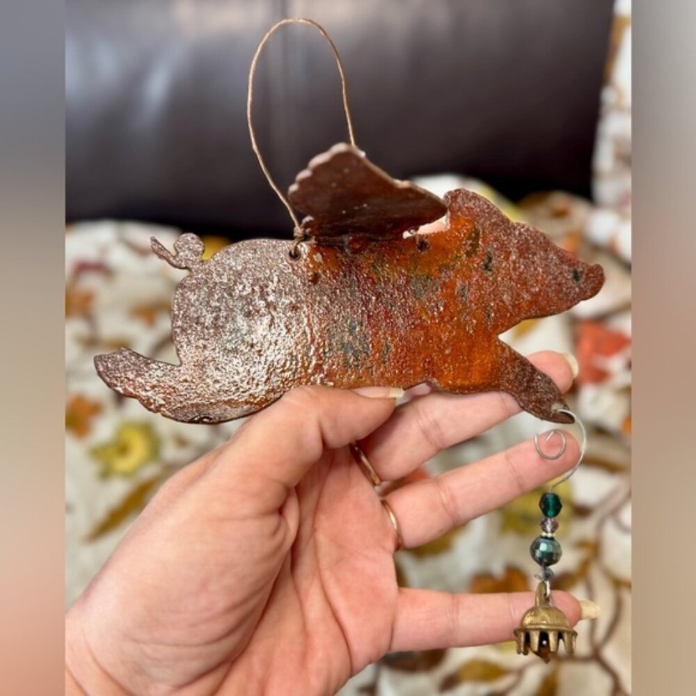 Rusted Flying Pig Metal Ornament
